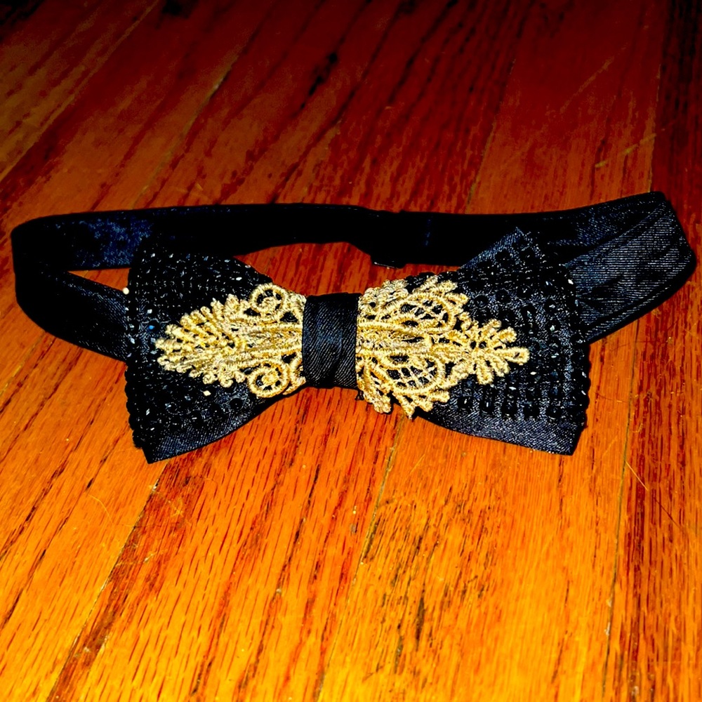 Custom made bowtie, black bead, and gold embroidery